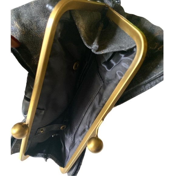 Jessica Simpson Canvas Bow Wristlet Black Gold 10” x 5” EUC - Picture 4 of 7